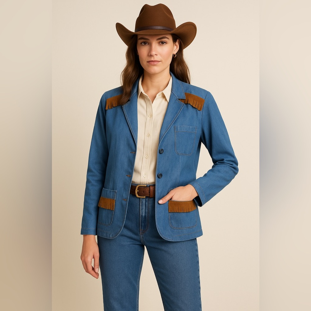 Stockton of Dallas Vintage denim suede like fringe trim western jacket s…